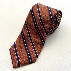Black Saks Fifth Ave Men’s Tie Silk Woven Foulard & Striped Navy & Rust Lined